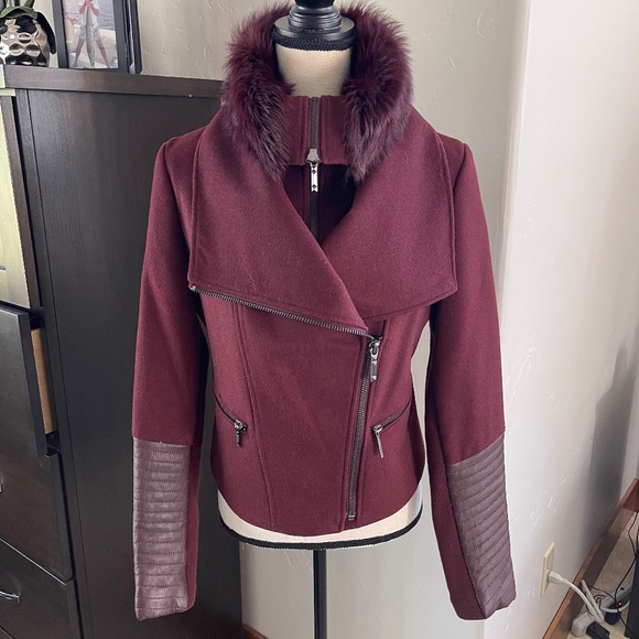 New Burgundy Wool and Fur Bomber Jacket - Picture 1 of 10